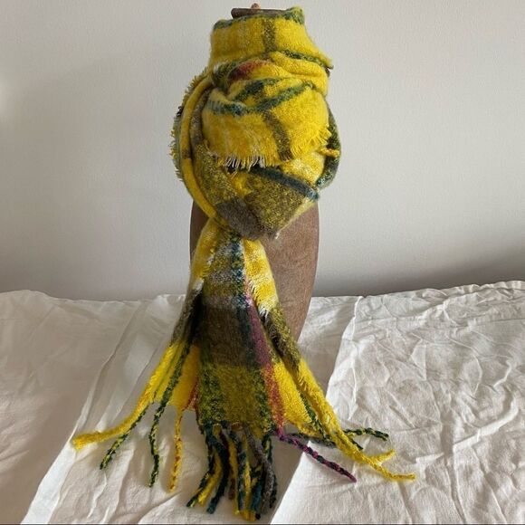 Yellow Pink Green Grey Plaid Eyelash Fringe and Tassel Scarf - Picture 1 of 11